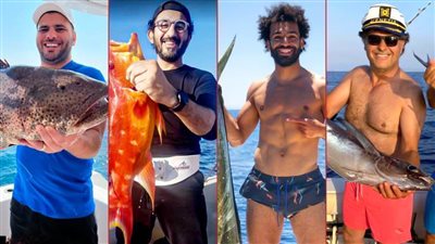 بالفيديو .. محمد صلاح ومتعب وراغب علامة وحلمى .. مشاهير صيد السمك
